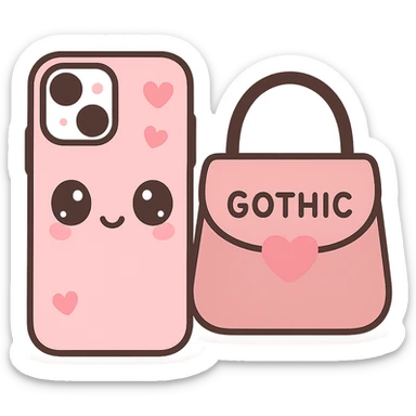 pink and black gothic phone case, kawaii style, big eyes, heart accents, smiling, playful, matches gothic purse sticker
