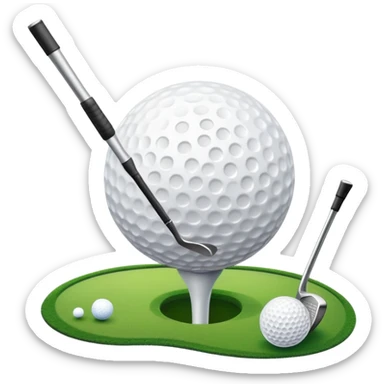 A golf ball on a tee, with a golf club placed beside it on the lush green fairway. The background shows a serene golf course with neatly trimmed grass and a clear blue sky, emphasizing the elegance and precision of the game. sticker