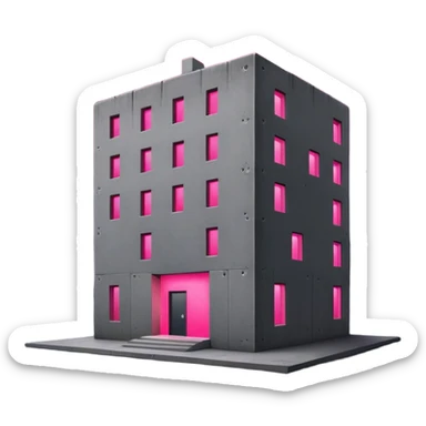 Night view of minimalist gray concrete Russian building, shadowy rectangular structure with one bright pink glowing window, stars in sky sticker