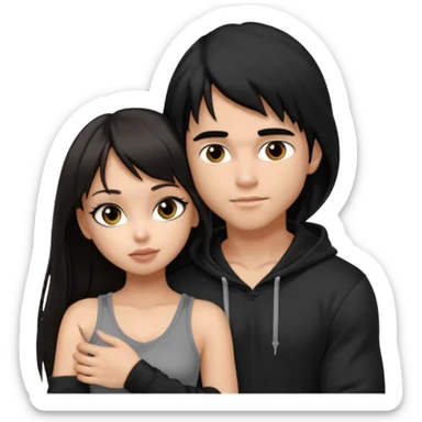 generate a pretty bratz girl in black cami top, dark brown straight long hair with bangs, eyeliner on, 

hugging a handsome muscular boy with black hair and a grey hoodie sticker