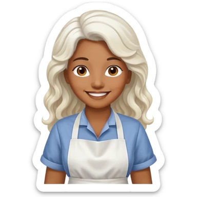 woman, brown skin, white long wavy hair, with apron sticker