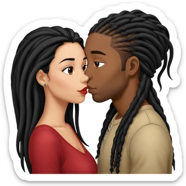 Latina Woman with long hair kissing a young black guy with dreads no beard sticker