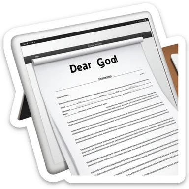 Desk with computer showing document that starts with "Dear God" sticker
