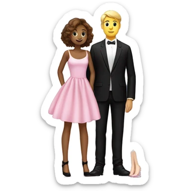 A girl in a beautiful pink dress, with brown hair at the waist, on white heels, short and a guy in a black suit, with blond hair, short hair, in black boots, tall, looking at the starry sky sticker