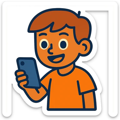 a tan boy with light brown hair holding a phone, vibrant cartoon style sticker