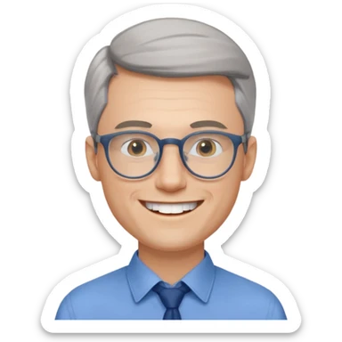 30 yr old pale white man, grey side swept hair, round glasses, big smile, white teeth, handsome, longer hair, thin glasses, blue dress shirt, no tie sticker
