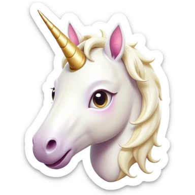Cinematic Comical White Unicorn Portrait Emoji, Head tilted dramatically with an exaggeratedly amused expression, featuring a slender, radiant form with a playfully sparkling horn and wide, comically expressive eyes full of enchanting disbelief, Simplified yet hilariously expressive features, highly detailed, glowing with a slightly sassy magical glow, high shine, dramatic yet playful, stylized with an air of cheeky mythic mischief, soft glowing outline, capturing the essence of a meme-worthy white unicorn that looks ready to prance its way into viral fame! sticker