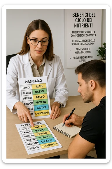 A professional and educational scene where a nutritionist explains to an athlete how to cycle macronutrients for fat loss and training. On the desk, there is a vertical weekly meal planner with alternating high and low carbohydrate days, with colored sections for proteins, fats, and carbohydrates. The athlete is taking notes. In the background, a chart illustrates the benefits of nutrient cycling. All text is written in Italian and displayed vertically. The atmosphere is professional and educational. sticker