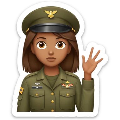 brown-skinned girl in army attire with brown hair, shrugging sticker