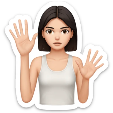 kendall jenner looking anoyed and showing one palm which is small signalising stop sticker