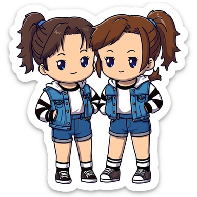 Two anime girls who are best friends, both with brown shoulder length hair. First girl has blue-green eyes, wearing black and white striped t-shirt, denim jacket, and denim shorts. Second girl has brown eyes, wearing denim overalls, with hair in a ponytail secured by a claw clip. sticker