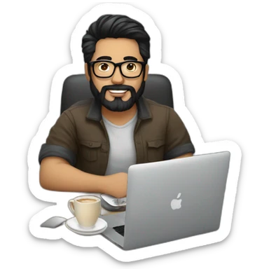 Designer with black hair, beard and glasses working with MacBook and drinking cappuccino  sticker