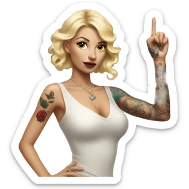 Blonde elegant women, her Body Covered with Tattoos, POINTING YOU with her ONE HAND , Hyper realistic sticker