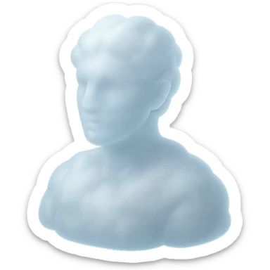 person looking straight, fully made of white fluffy convex clouds, shoulder up, matte glass style sticker