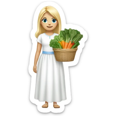 Girl with blonde hair and blue eyes wearing a white dress carrying baskets of vegetables and greens sticker