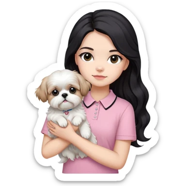 a girl with black eyes and long black wavy hair in a half-up half-down hairstyle, wearing a soft pink short-sleeved round collared tshirt while holding an all-white shih tzu dog sticker