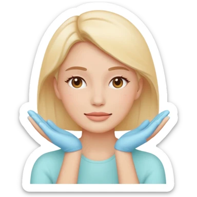 Minimal emoji-style icon of a woman’s face with clear glowing skin, hands gently touching the jawline, skincare concept, soft pastel colors, clean flat design, rounded shapes, no background, modern wellness emoji, iOS-style, high clarity sticker