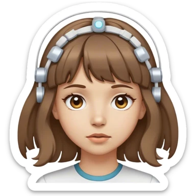girl with light skin tone wavy brown hair and bangs wearing electrodes on her head crossed eyes sticker