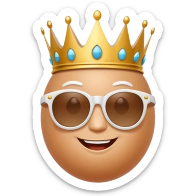 a funny, proud cartoon-style egg character wearing sunglasses and a small crown, solid orange background. sticker