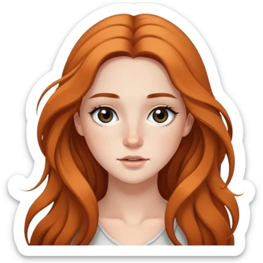 young woman with flowing long hair, dark black eyes, natural makeup, and cute freckles sticker