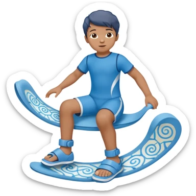 A little male child with a blue/beige outfit and  curled brown hair and shoes which are orthopedic ankle-foot orthosises (AFO) for a small child. The brace goes just below the knee and its with a bright blue water-like pattern with a spiral side design. sticker