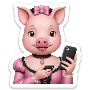 girl pig in victorian pink finery scrolling on a cell phone sticker