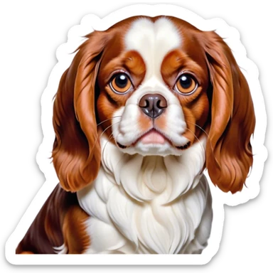 Cinematic Grumpy Blenheim Cavalier King Charles Spaniel Portrait Emoji, Head tilted slightly with a deeply unimpressed expression, thick Blenheim coat with pronounced chestnut and white markings, large, droopy brown eyes narrowed into an unamused glare, ears slightly drooping in exasperation, Simplified yet comically expressive features, highly detailed, glowing with a dry, sarcastic glow, high shine, effortlessly judgmental yet dignified, stylized with a touch of cynicism, bright but brooding, soft glowing outline, capturing the essence of an eternally unimpressed yet endearing companion, so lifelike it feels like it could sigh heavily at you in disdain at any moment! sticker