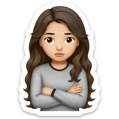 Hispanic light tan girl with long dark wavy hair with arms folded and pouting. Wearing a long sleeve. Hair with middle part. sticker
