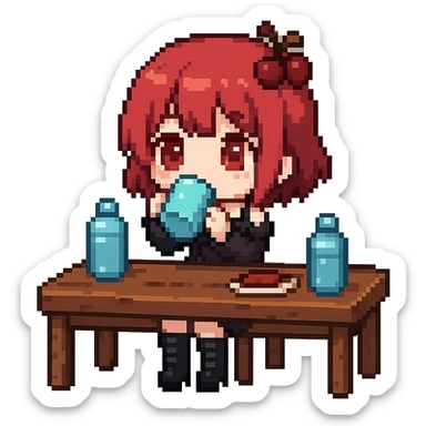 Make the character more chibi with red cherry hair instead of red curly hair, keep the goth style, and depict her drinking water. The style should be pixel art with no background. sticker