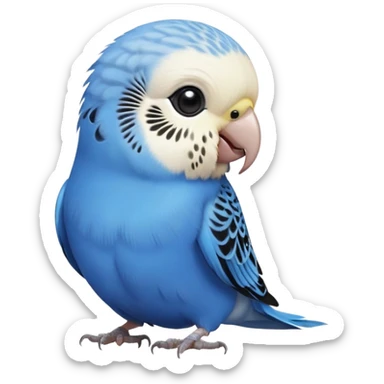 cinematic-cute-blue-budgie-portrait-emoji,-head-tilted-playfully-and-inquisitively,-featuring-a-brilliant-blue-feathered-fur-and white and black feathered face-with-a-natural-sheen,-round,-sparkling-dark-eyes-filled-with-curiosity,-simplified-yet-irresistibly-adorable sticker