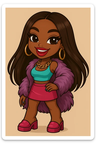 Change her expression to happy, keep her as a 20-year-old anime Bratz style woman with dark skin, dark hair, glamorous evening wear, big expressive eyes, and glossy lips. No tears. Maintain the anime Bratz style look. sticker