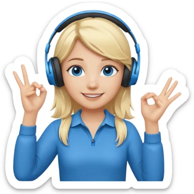girl with blonde hair and blue eys with heands telling what, having heaphones on head sticker