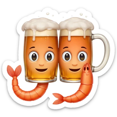 Design a trendy emoji-style illustration of two shrimp peeking from behind text, only half of their bodies visible, curious and playful expressions.
One shrimp holding a beer mug, the other pointing forward.
 sticker