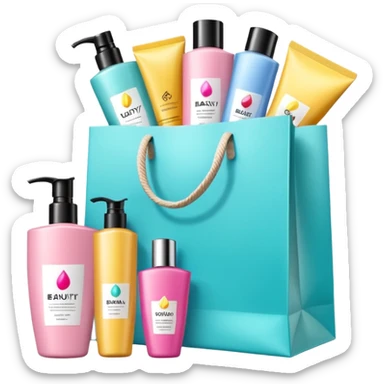 Gift bag with beauty products (shampoo, creams, styling products), a gift bag is beautyful open box with luxury brand-labeled beauty products standing nearby sticker
