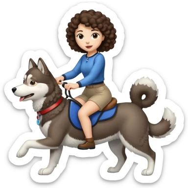 cute woman short tight curly brown hair riding big husky dog sticker
