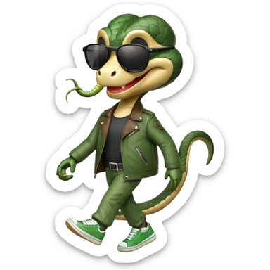 friendly anthropomorphised snake in sunglasses, jacket and sneakers, walking with a smile sticker
