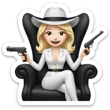 Mafia blondes Laughter woman in hat , gun ,black armchair , white costume  sticker
