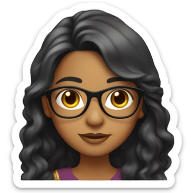 Indian girl with long wavy black hair, medium skin, and gold rimmed glasses sticker