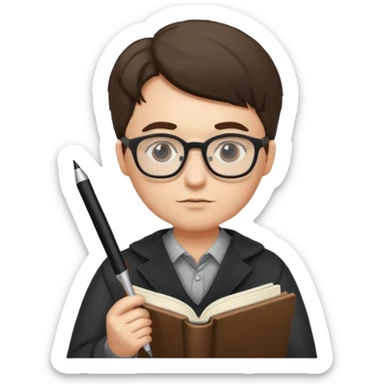 writer holding pen and book, wearing glasses sticker