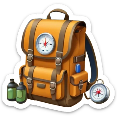 Icon for Expeditions: a compass, a map, a backpack with trekking gear, and a rugged expedition jeep, set against a backdrop of snowy mountains, sand dunes, and tropical islands. The icon should capture the spirit of adventure and exploration in diverse landscapes. Transparent background. sticker
