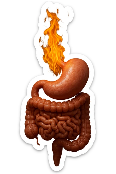 intestino e stomaco sono collegati, con una fiamma che brucia sopra, iperrealistico 4k, non disegnato sticker