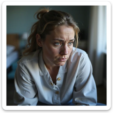 realistic image of a woman with evident health problems, tired face, dull skin, hunched posture, clinical details, everyday environment sticker