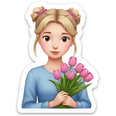 A girl with a messy bun, holding a bunch of pink tulips. sticker