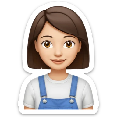 create an emoji of an adult woman with a couple wrinkles but with short straight brown hair, light skin, dark brown eyes and white top with an overall sticker