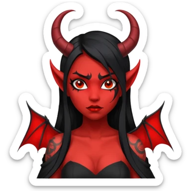 Full red-skin demon girl (entire body red), long black hair, small red horns, pointed ears, single bat wing, black open-back dress, bold tattoo-flash comic linework, red/black/gray, dark background, no text. sticker