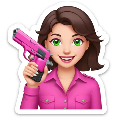 laughing brunette girl with green eyes holding pink pistol sticker