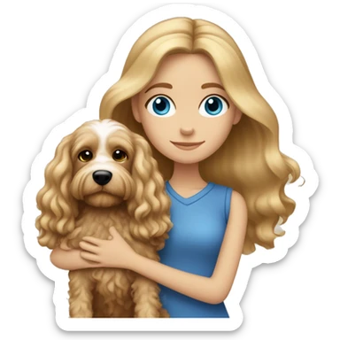 White dark blond girl with long hair and blue eyes hugging a cavapoo dog sticker