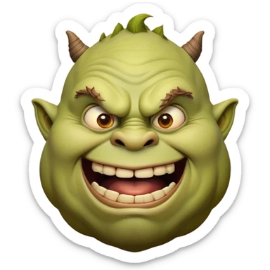 Cinematic Comical Ogre Portrait Emoji, with a strikingly exaggerated, bulky figure in vivid earthy greens and browns, head tilted in a dramatically surprised expression with wide, comically bulging eyes and a goofy, oversized grin, simplified yet hilariously exaggerated, highly detailed with a soft, cartoonish glowing outline capturing the playful absurdity of a meme-worthy ogre! sticker
