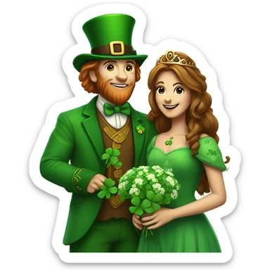 Leprechaun giving flowers mixed with clovers to beautiful brown haired queen  sticker