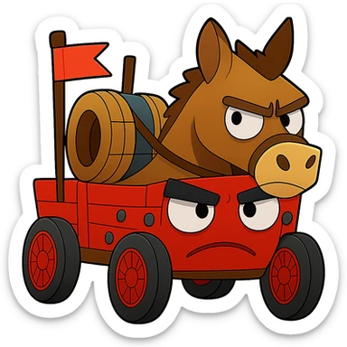 Reduce the file size of the emoji image as much as possible while keeping the transparent background. Maintain clarity and recognizability of the silly angry donkey and wagon, ensuring the image remains clear and distinct despite compression. sticker